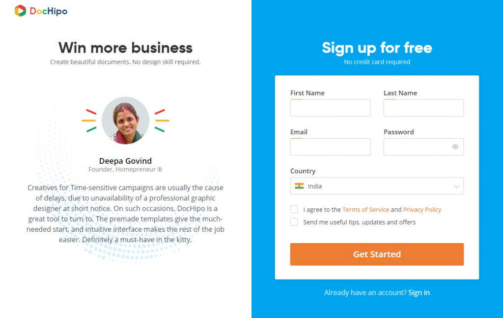 DocHipo sign-up page