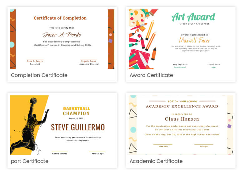 Certificates for education industry