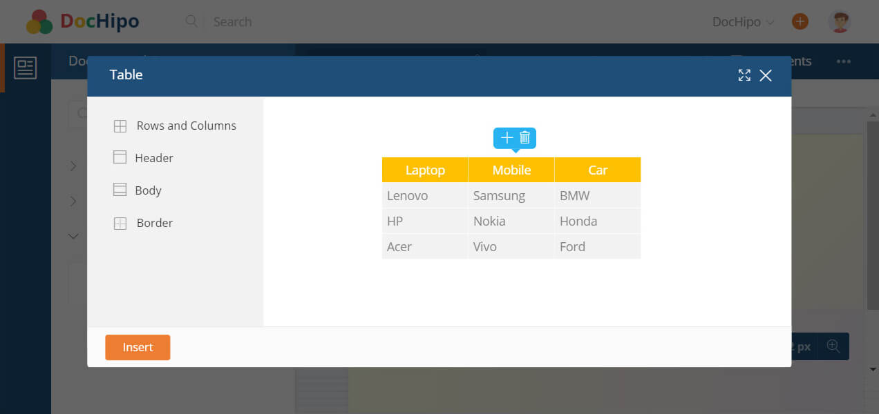 Tables on dochipo editor