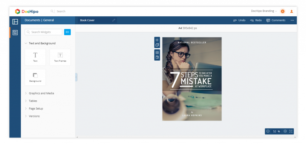 Book Cover templates in DocHipo: Workspace for customization