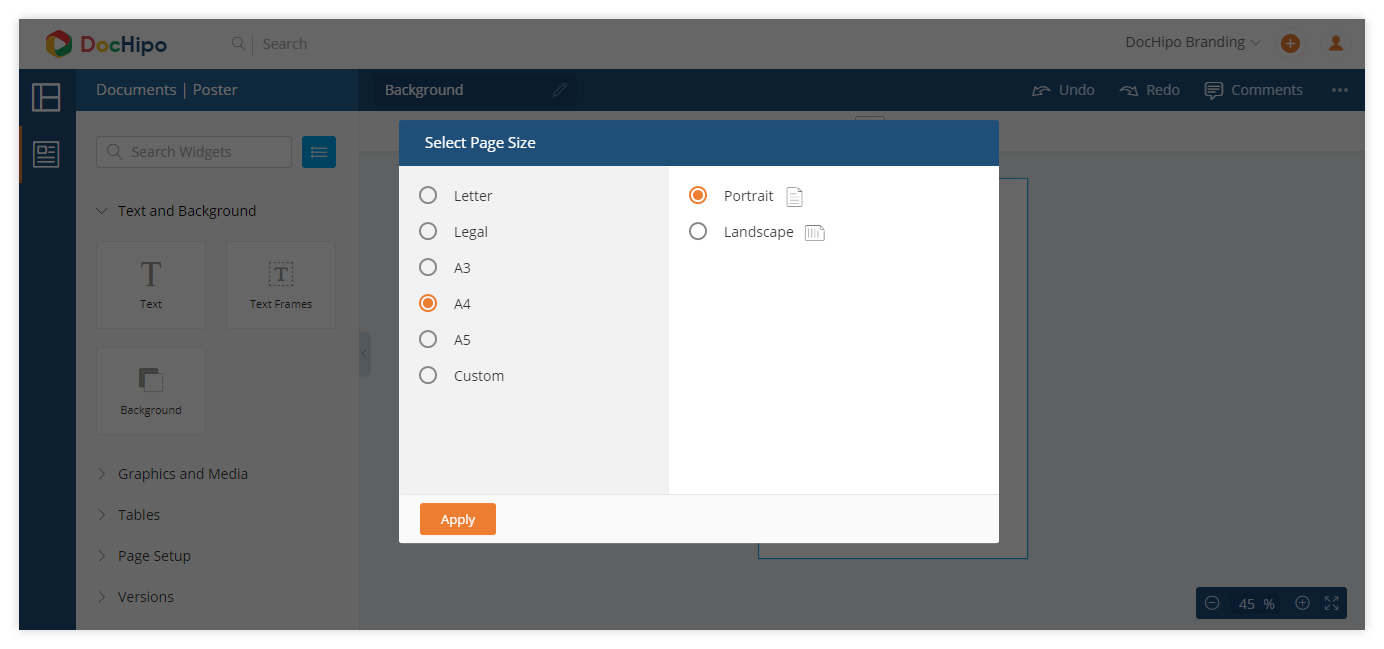 Page Size selection in DocHipo for background creation.