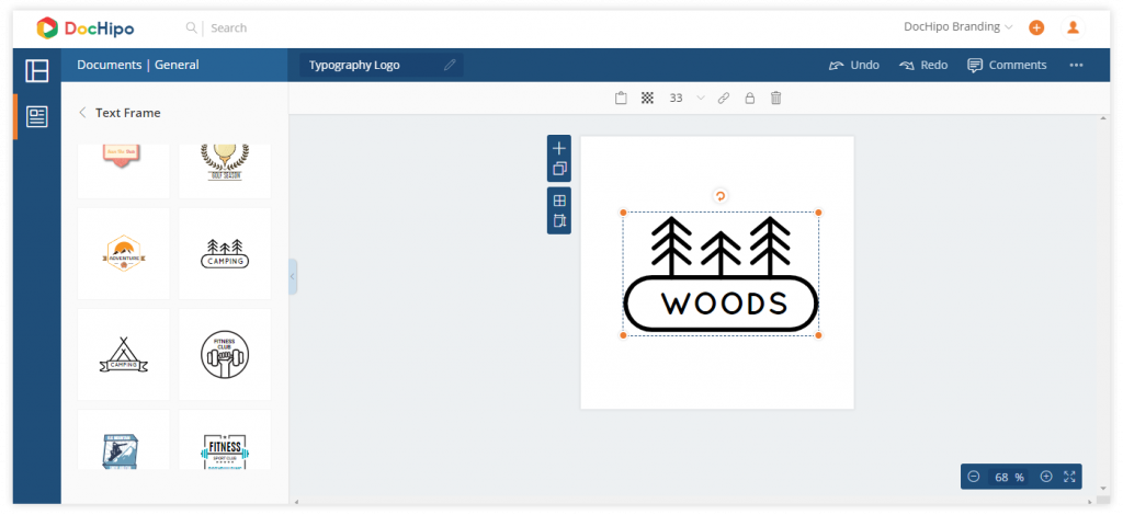 Create your typography logo at DocHipo- workspace (text frame)
