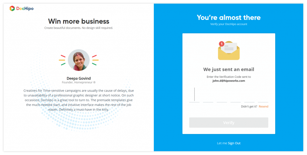 New UI design: Verification email (Before).