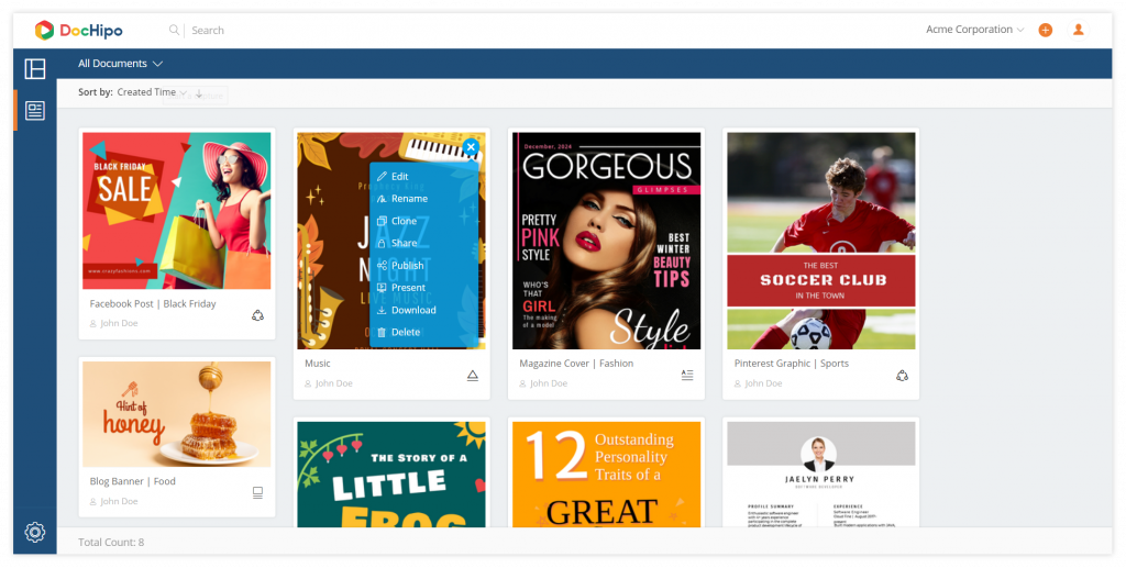 New UI design: Documents page options (Before).