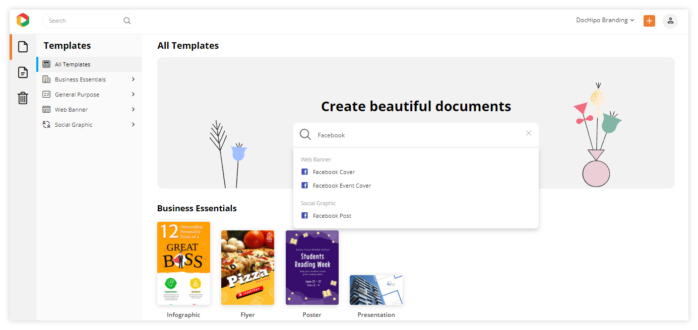 Landing page of DocHipo for searching templates