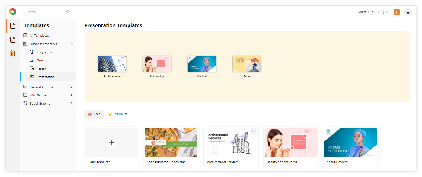 DocHipo Landing Page: Choosing presentation template