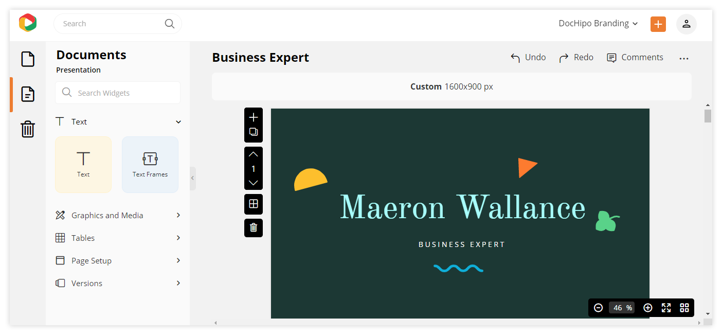 DocHipo's Editor: Customizing the presentation slide templates.