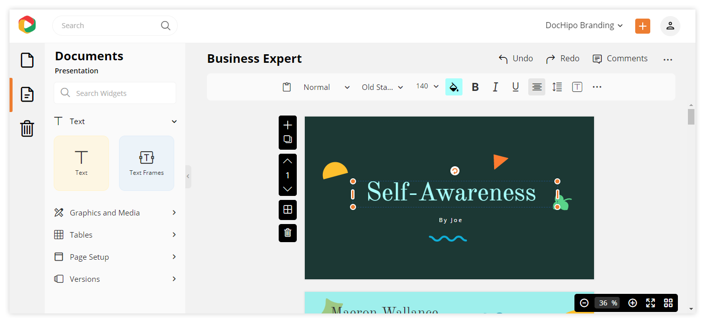 DocHipo's Editor: Customizing the presentation slide templates.