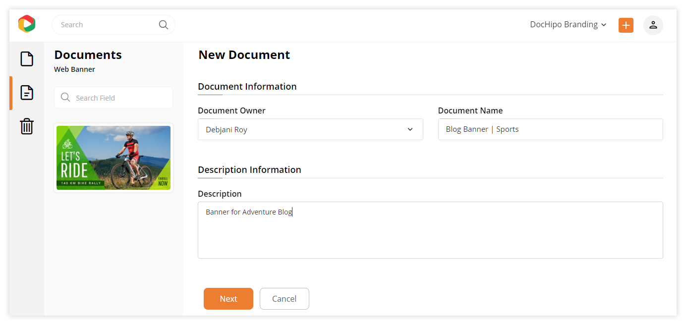 Filling the document information page to enter the DocHipo's editor for the adventured themed template.