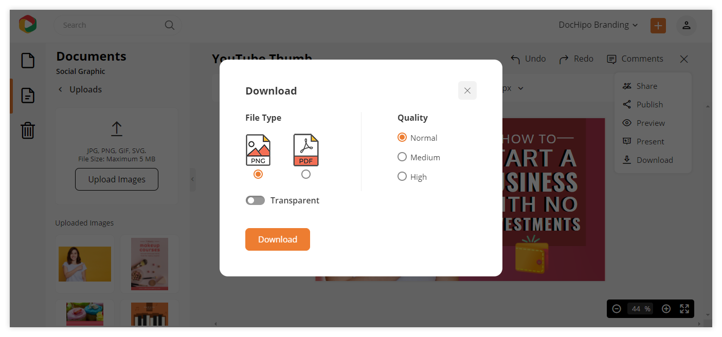 Remove background: DocHipo Editor's Download options