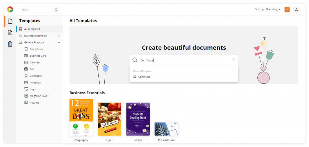 DocHipo: Navigate to the Certificate Document option on the Landing page 