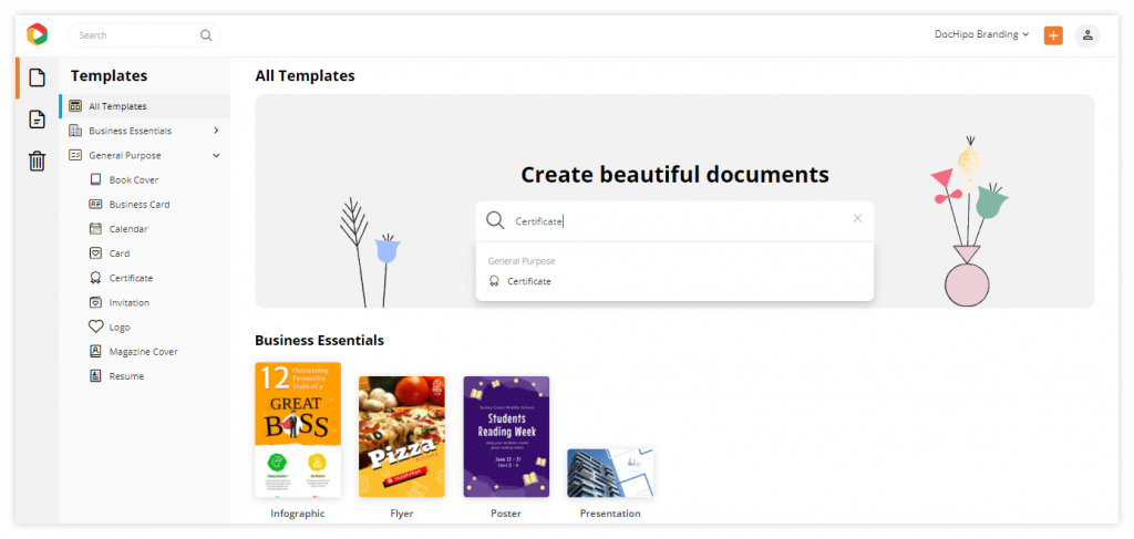 DocHipo: Navigate to the Certificate Document option on the Landing page