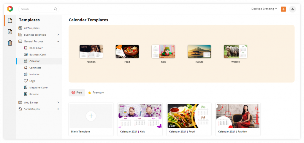 Personalized Calendar Templates from DocHipo: Document Templates Page