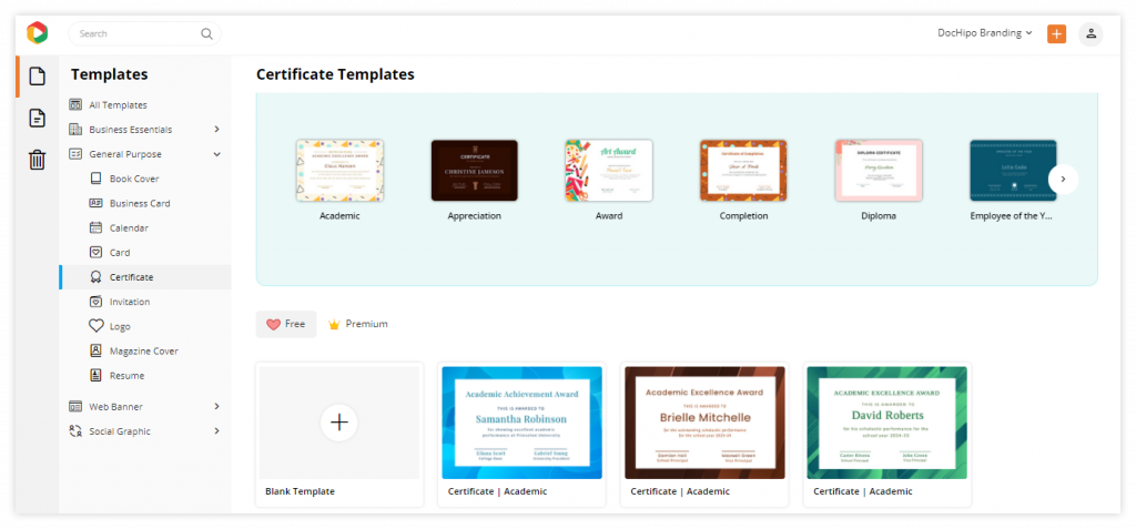 DocHipo: Certificate templates page