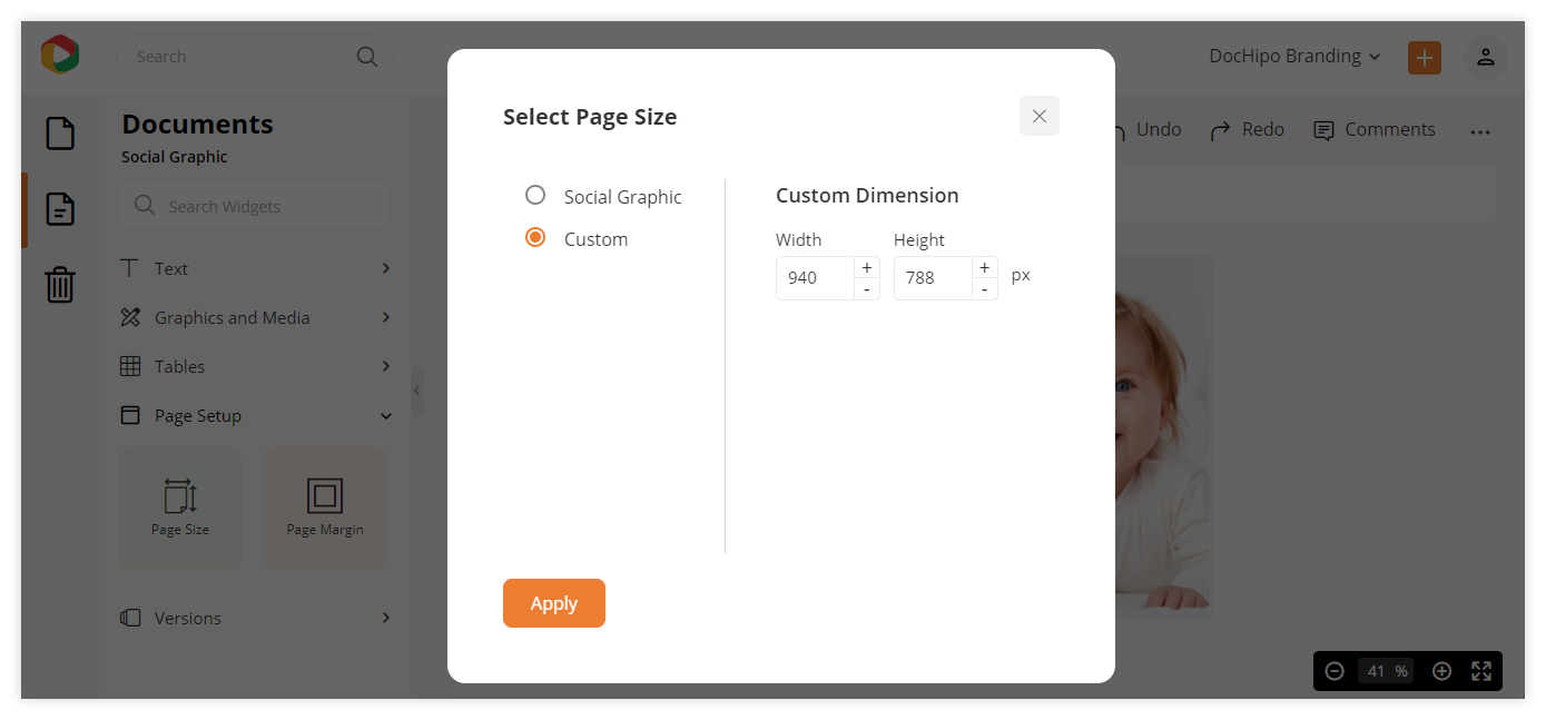 Customizing the page dimension of your design document