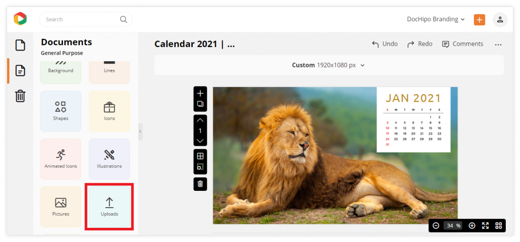 Personalized Calendar Templates from DocHipo: Upload Option in the Editor