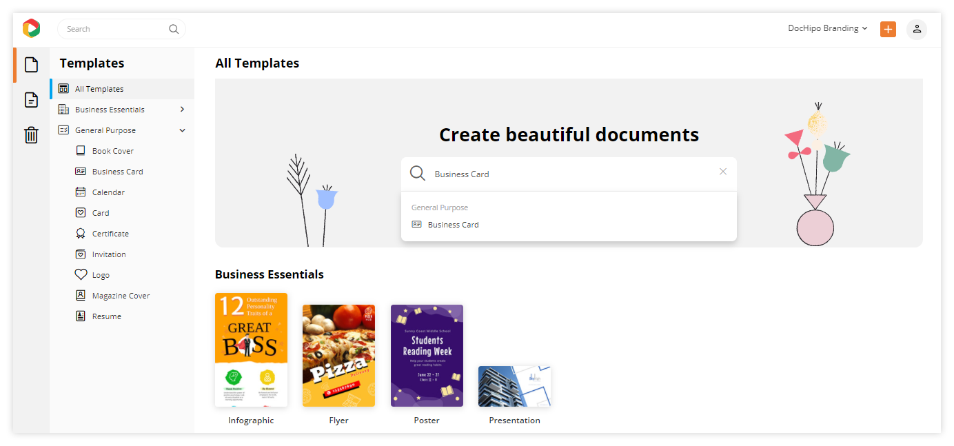 Search Business card document in DocHipo's platform.