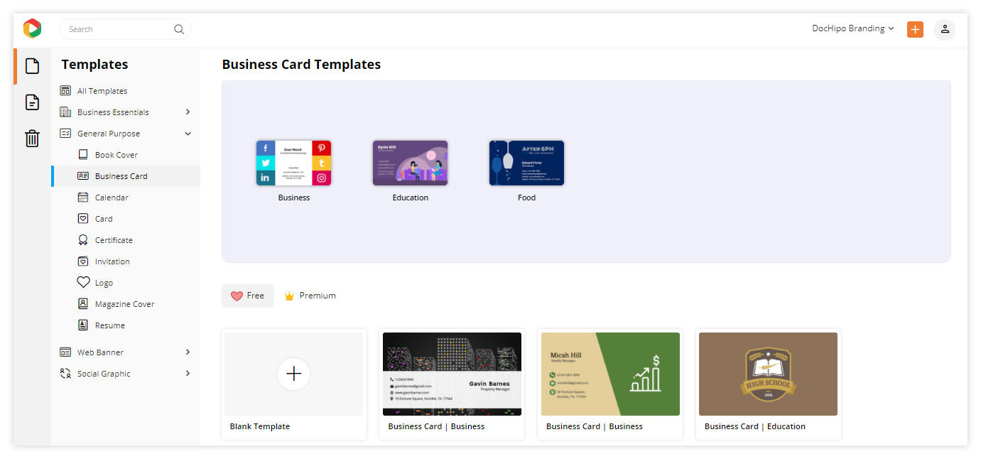 Business card document templates