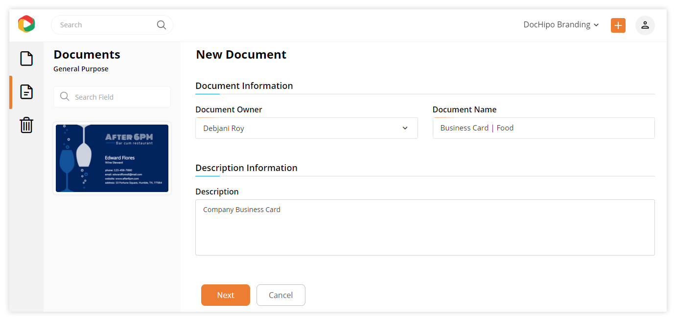 Business card document information