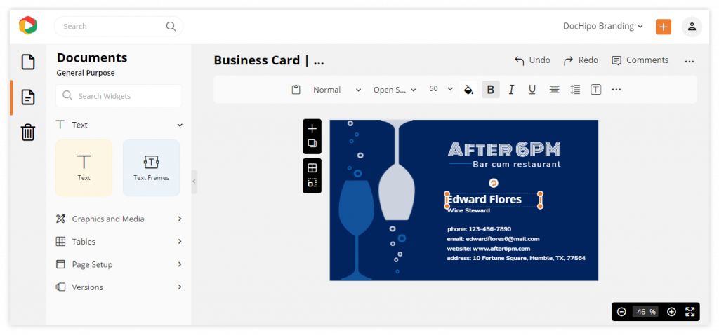 Business card customization in the DocHipo's editor.
