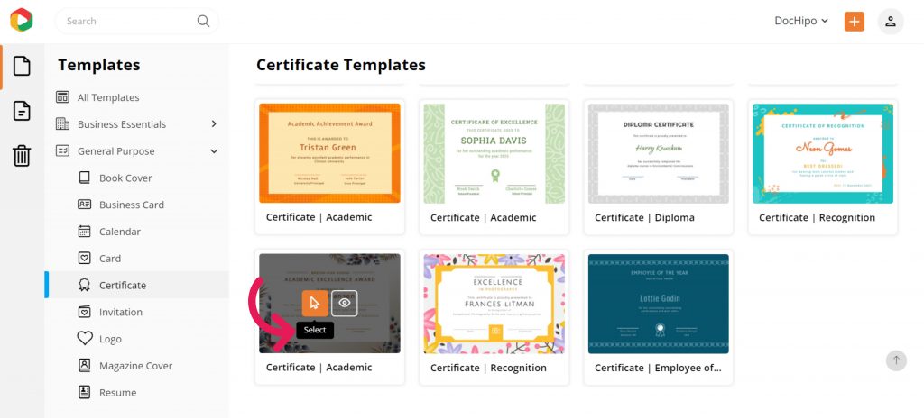 Select Certificate Template