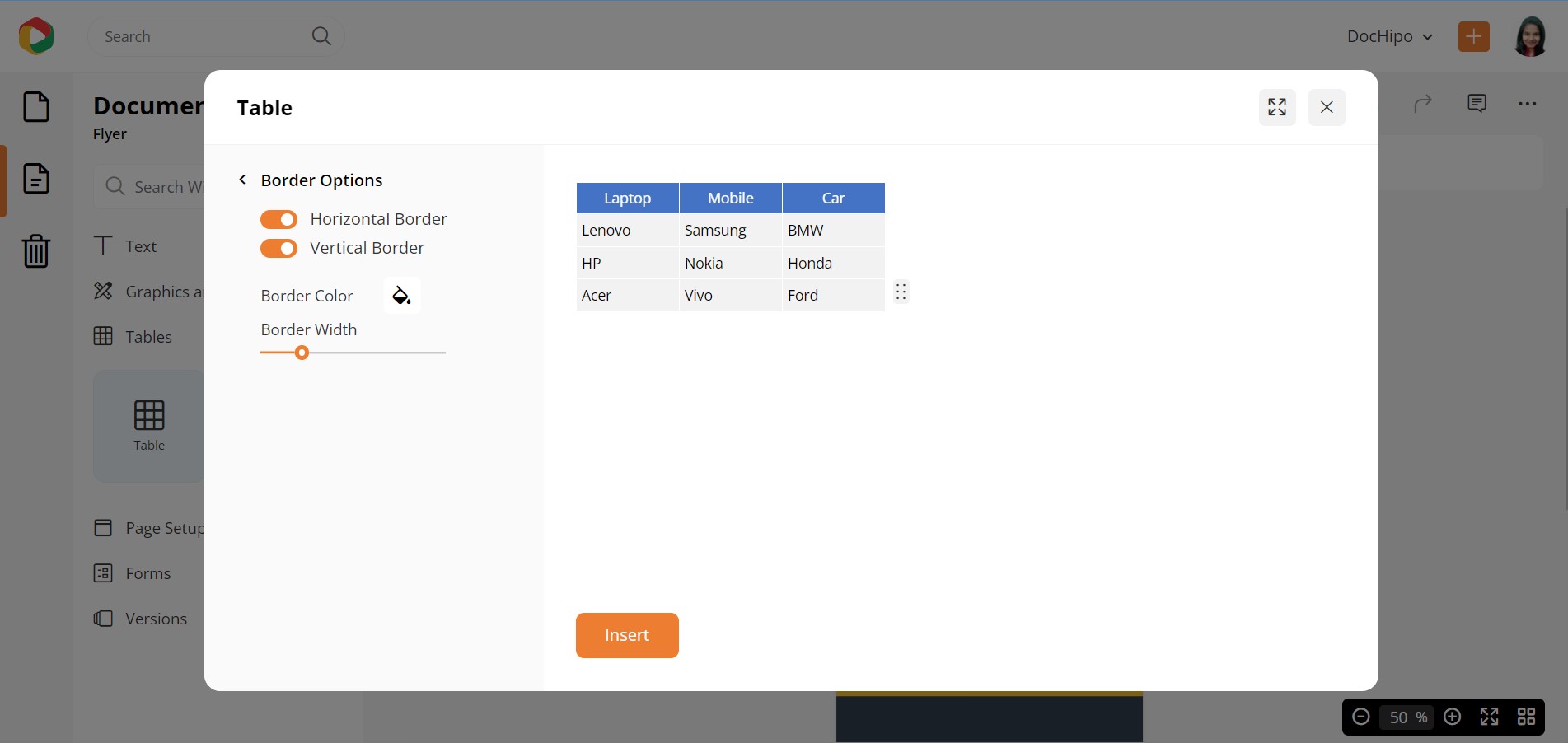 Edit Table Border Options