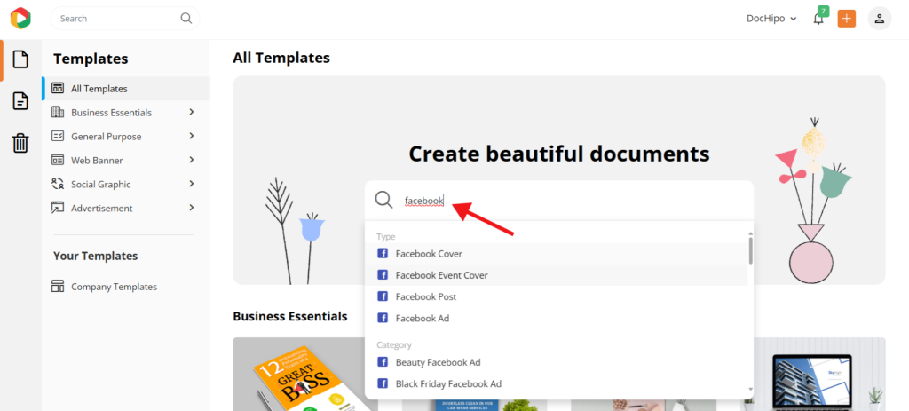 Search Facebook ads on DocHipo homepage DocHipo Facebook templates