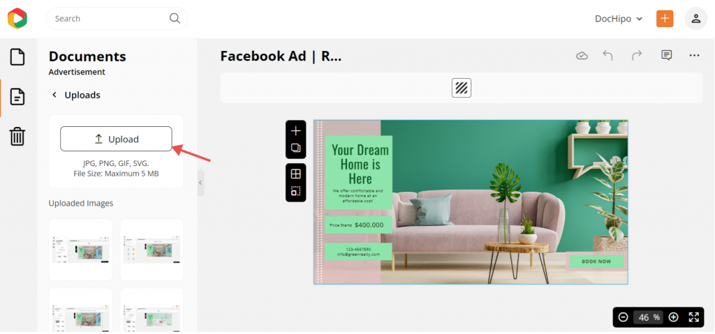 Upload a photo to real estate Facebook ad template