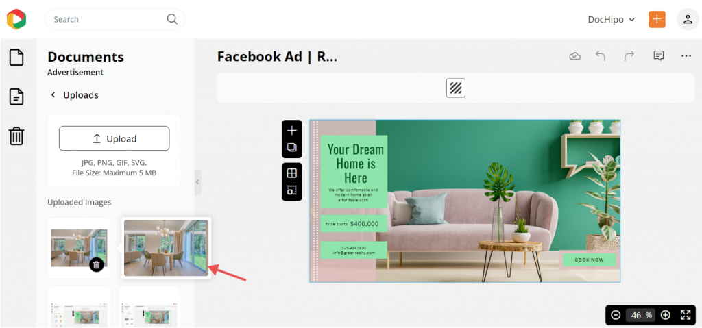 Upload a photo to real estate Facebook ad template