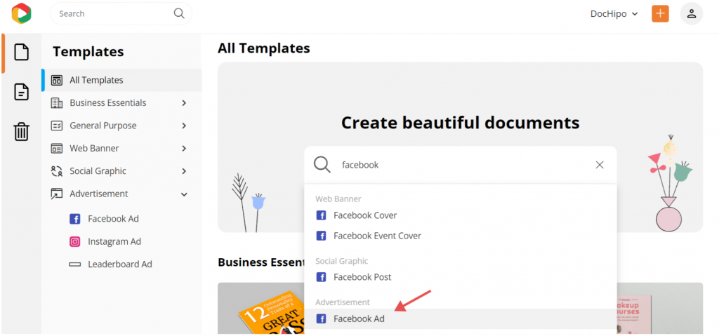 Search Facebook ads on DocHipo homepage