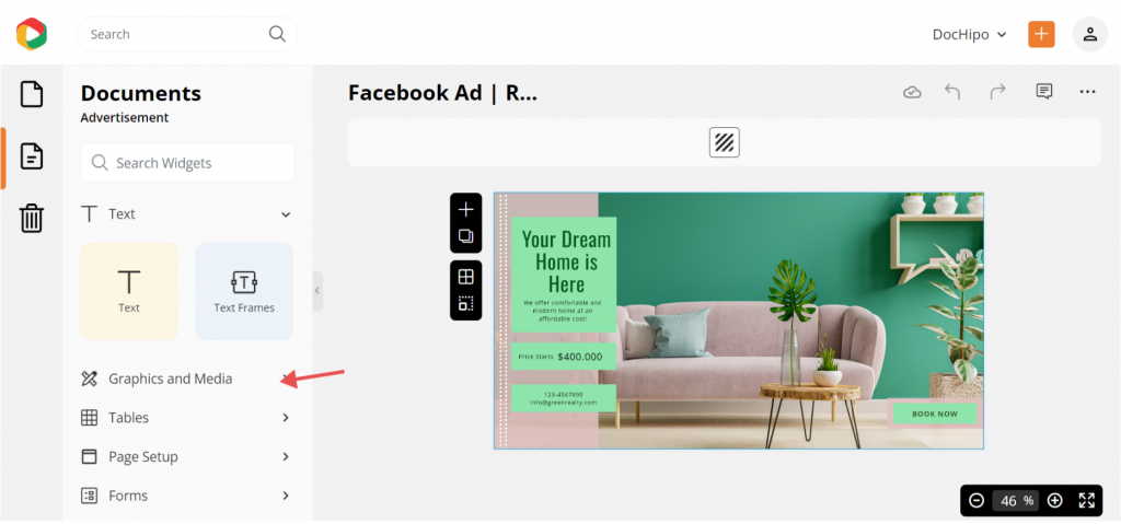 Customize real estate Facebook ad template. Choose graphics and media