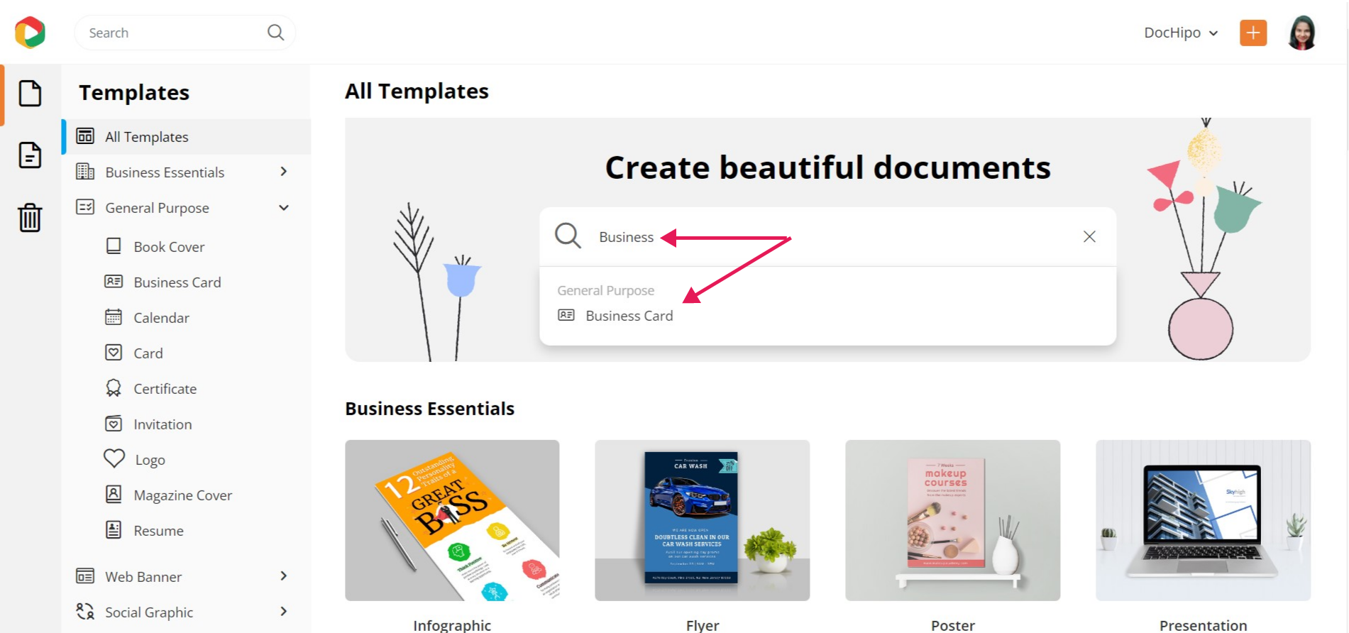 Search for Business Card Document in DocHipo