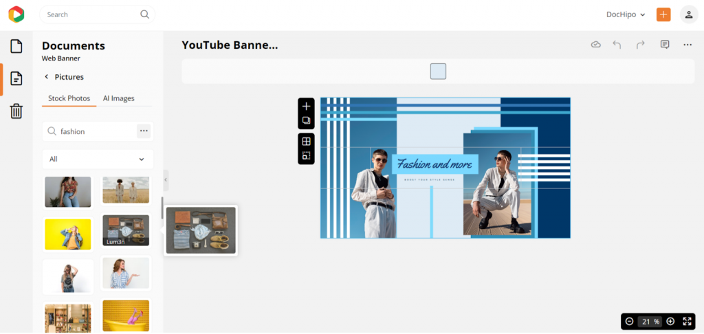 Stock photos in DocHipo for YouTube banner idea
