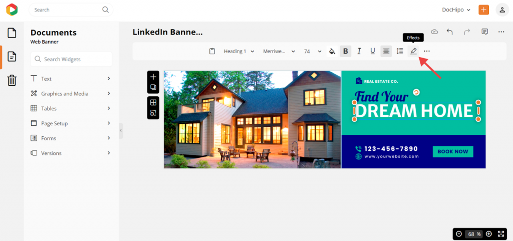 add effects in text in real estate LinkedIn banner template 