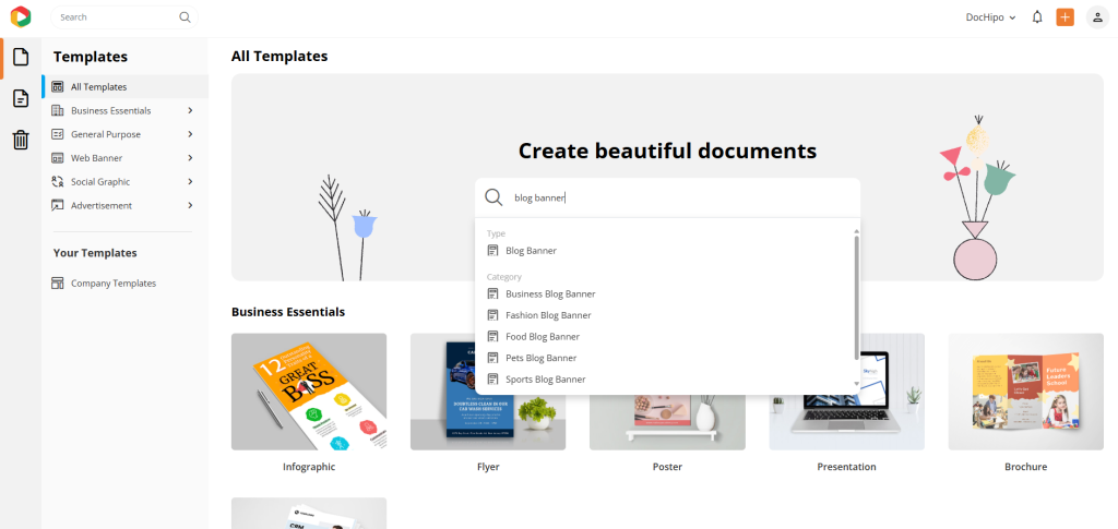 search document to edit with geometric shapes in design Finding blog banner templates in DocHipo
