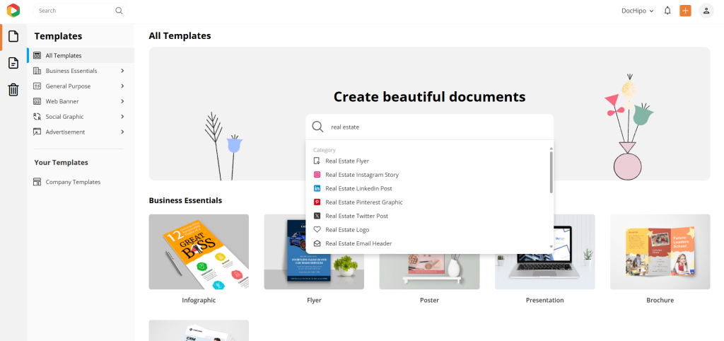 Select templates with industry filter Real Estate marketing documents in DocHipo