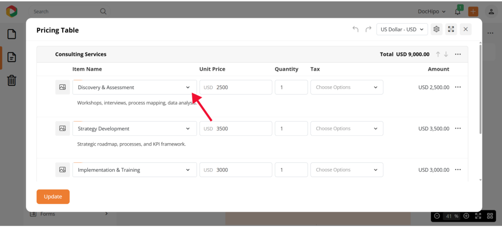 Dochipo pricing table in proposal