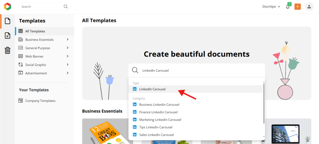 Searching LinkedIn carousel post templates in DocHipo DocHipo LinkedIn carousel template