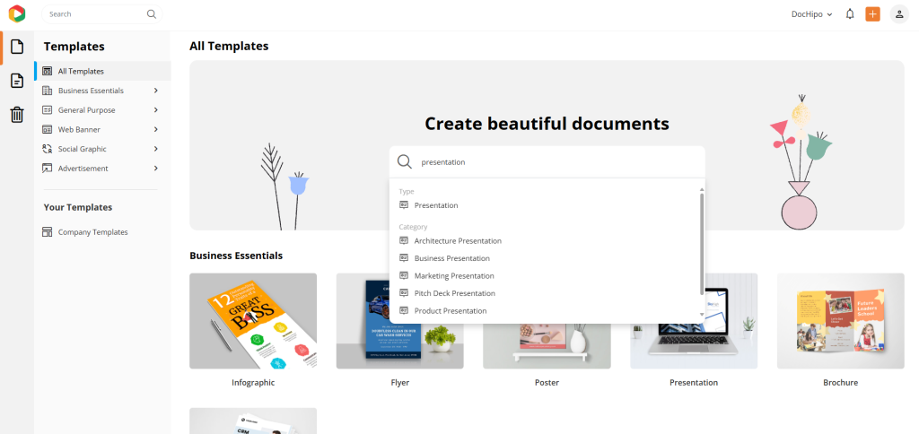 Presentation template categories in DocHipo