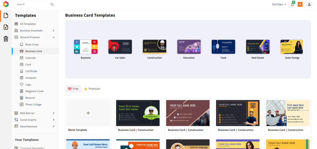 DocHipo Business Card Templates Page