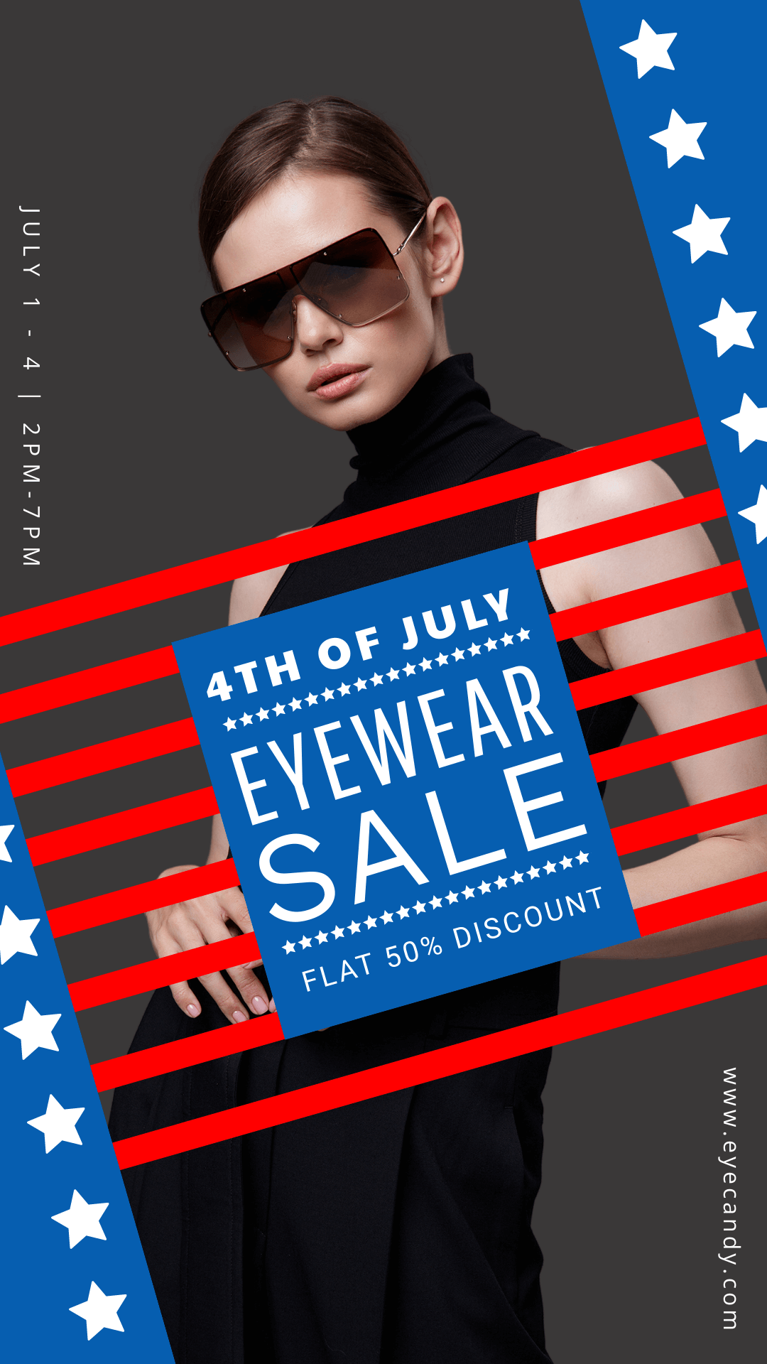 4th of July Instagram story template for eyewear sale with bold red stripes
