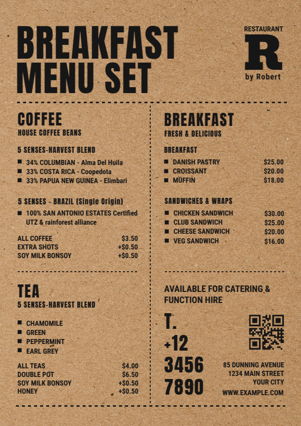 Breakfast menu card in a kraft paper style