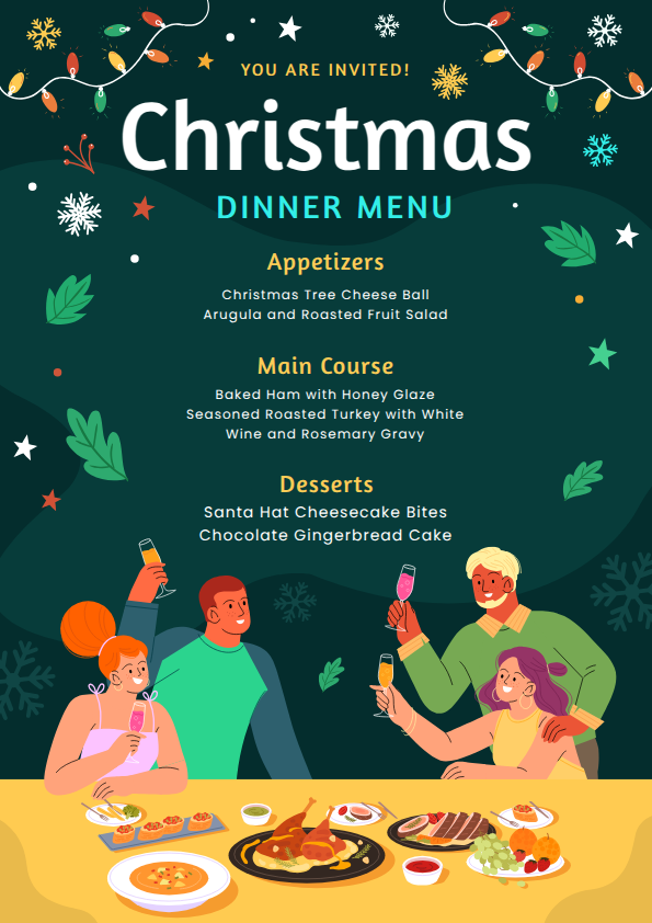 Christmas dinner menu card with a warm fireplace toast