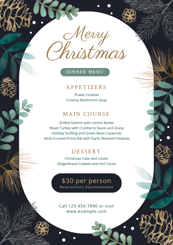 Christmas menu card in white oval