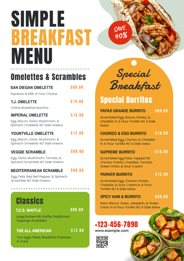 Classic breakfast menu card template