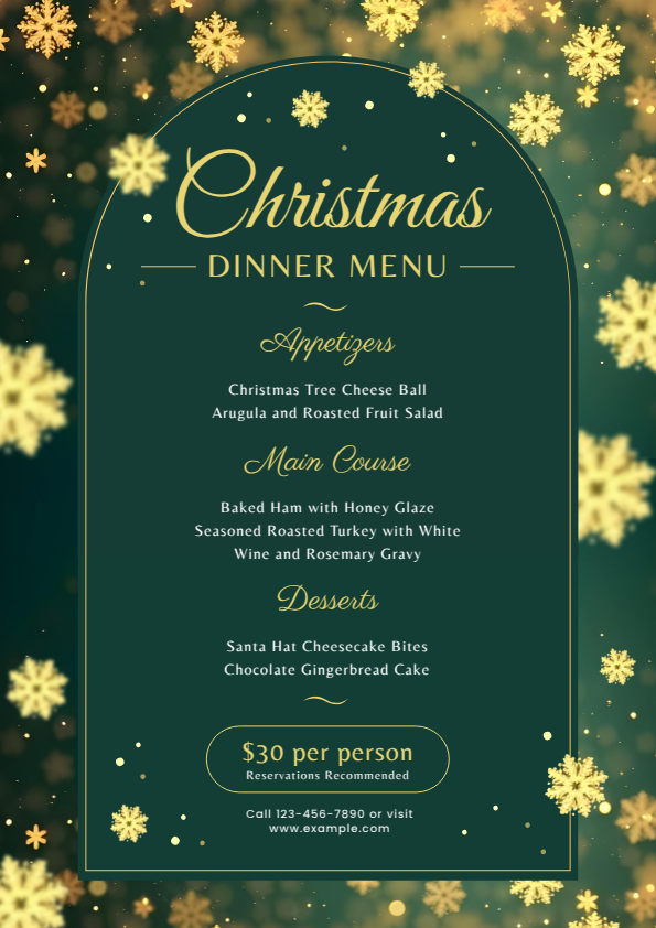 Design a fairytale feast menu card with gilded snowflakes for Christmas
