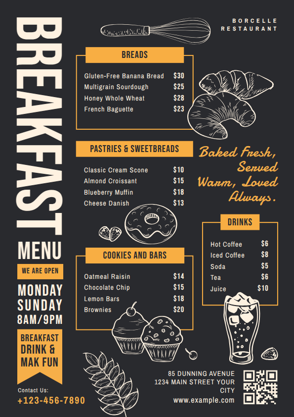 High contrast with icons - breakfast menu card design for cafe