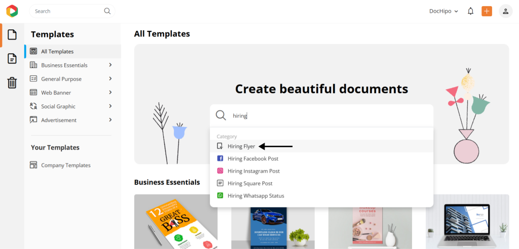 How to find hiring flyer template in DocHipo
