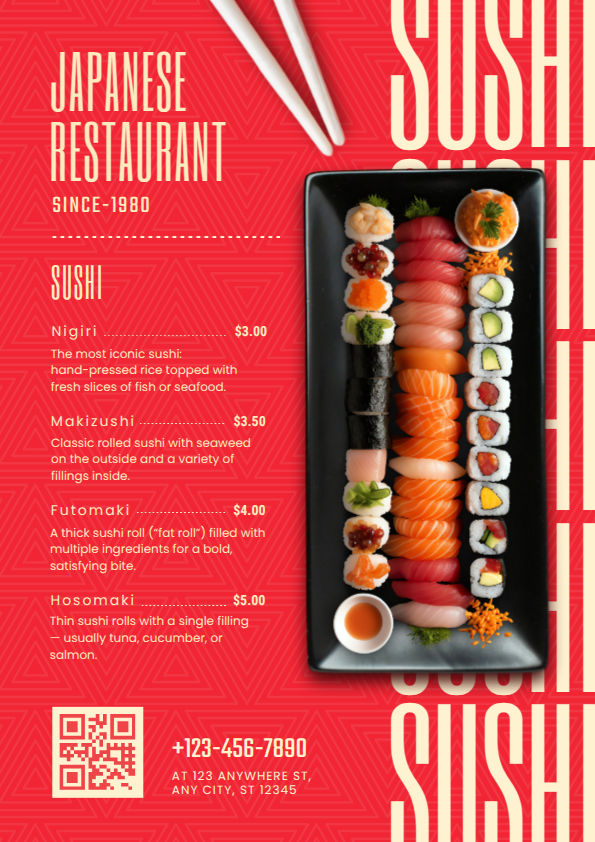 Japanese-inspired iconic breakfast and sushi menu design template