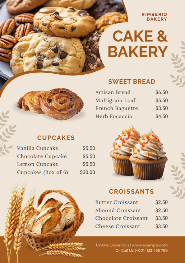 Menu card template for freshly baked breads, cakes, and pastries